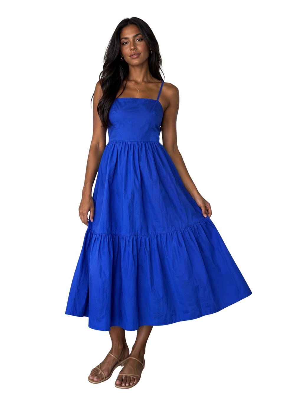 Cobalt Blue Tiered Midi Dress Spaghetti Strap Sundress back Tie keyhole detail